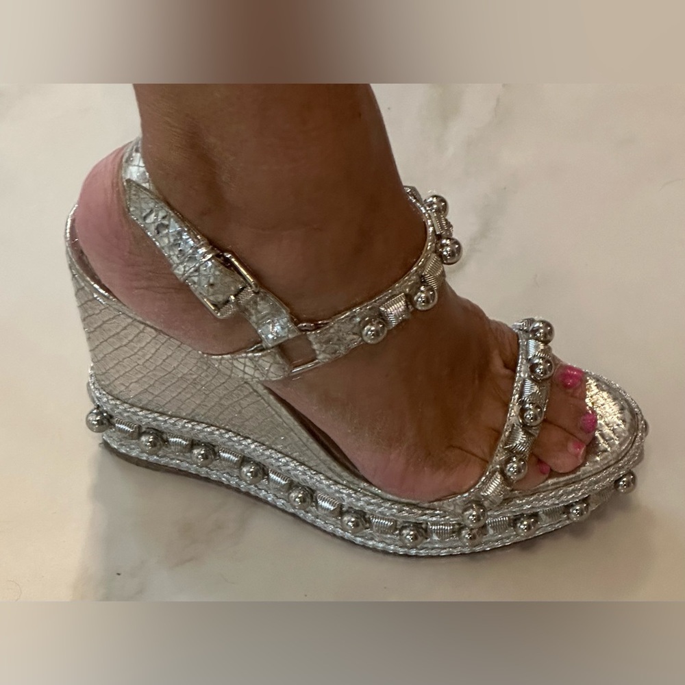 🔥CHRISTIAN LOUBOUTIN 100% AuthSilver Snake&Embellished Platform Espadrille 39 - Picture 6 of 16